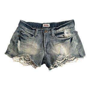 Mudd Vintage Y2K Low Rise Distressed Crochet Blue Jean Shorts with Lace